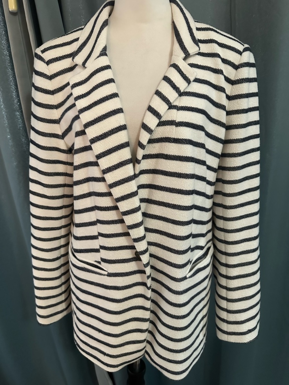 LOFT Striped Blazer Women Size 12 Navy White Knit Jacket Nautical Career Casual